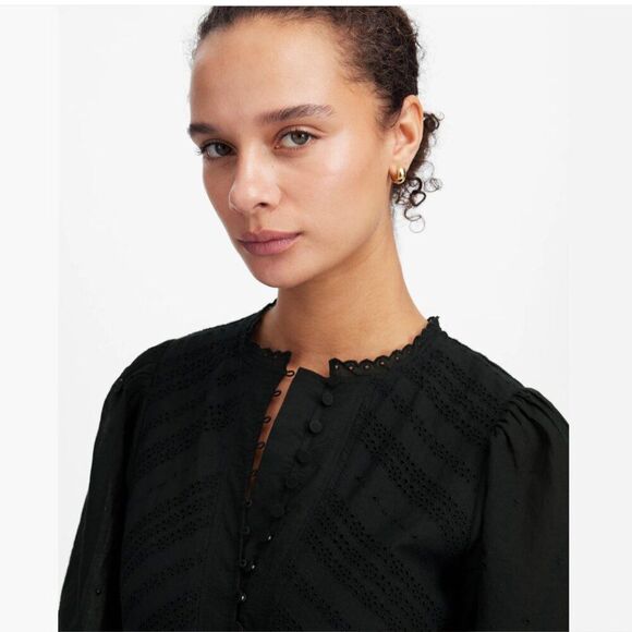 Madewell NU556 Black Eyelet Flutter Sleeve Mini Dress in Cotton 10 NWT - Picture 6 of 13